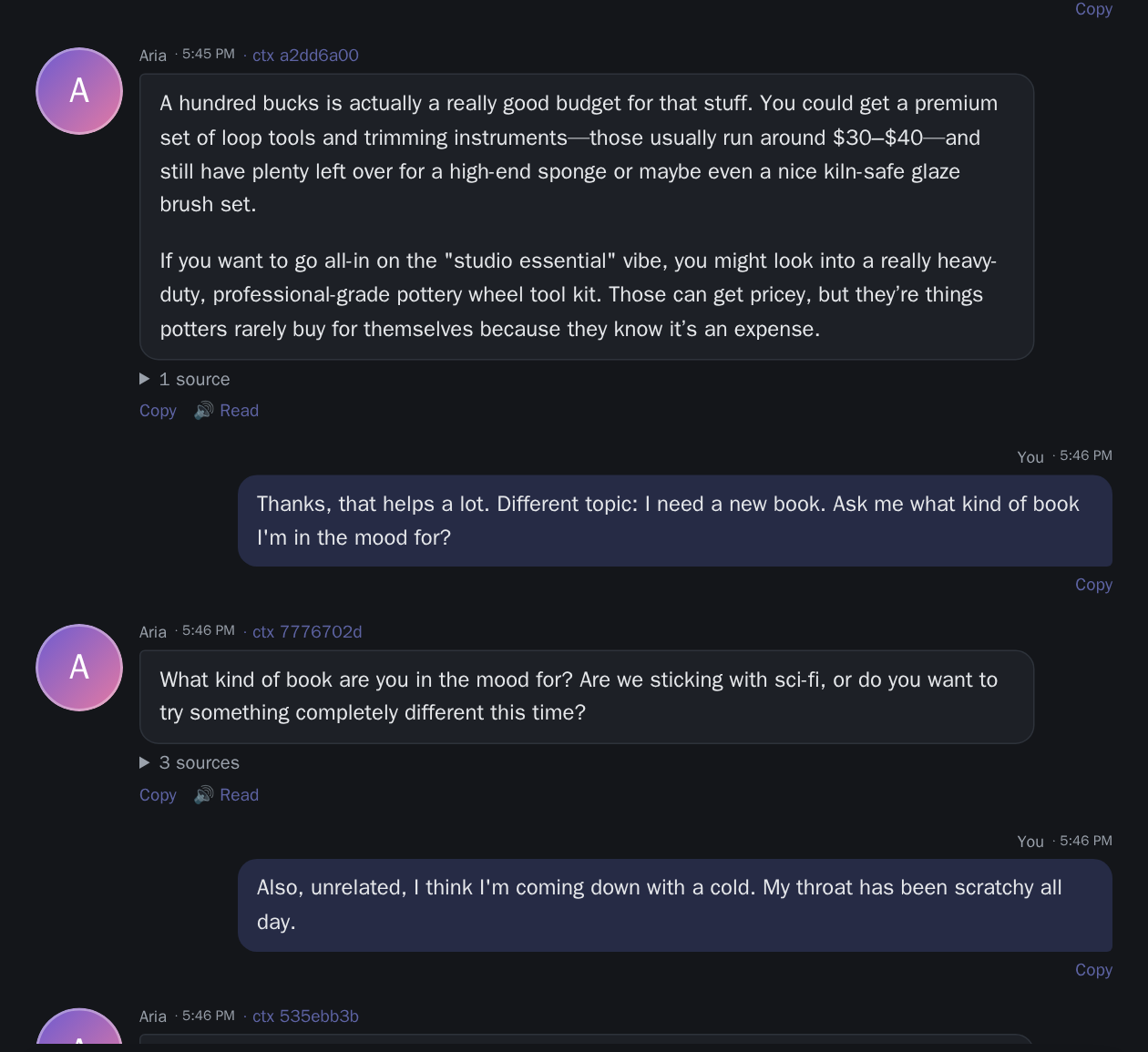 One ongoing conversation with Aria, with earlier days above
