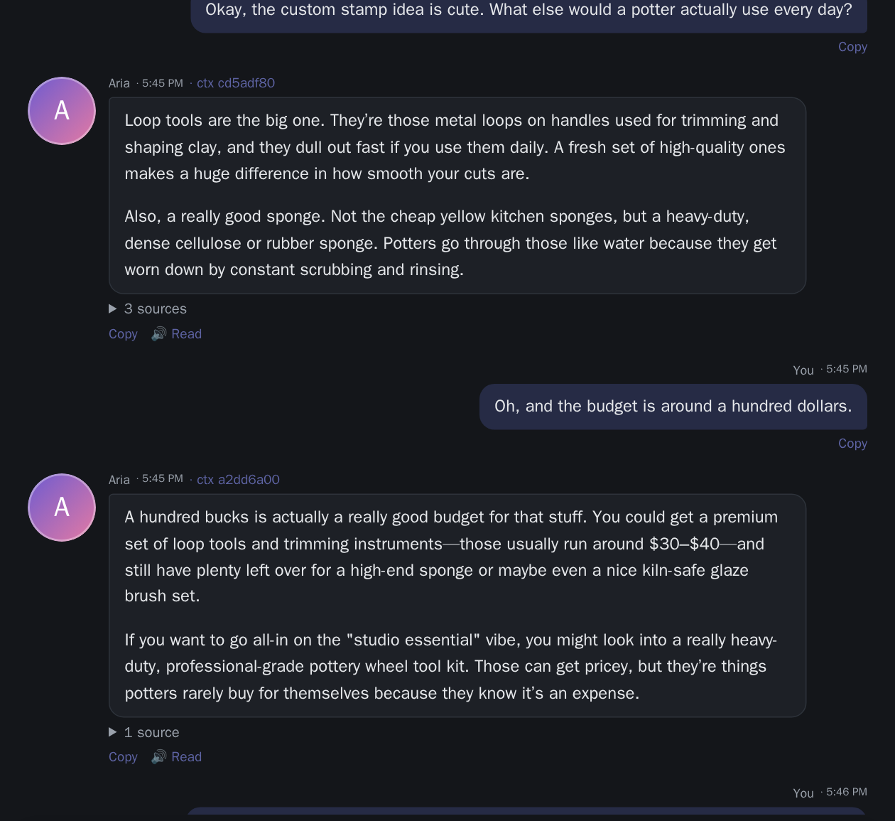 A message sent while Aria was still writing about potters' tools, answered as soon as that reply finished