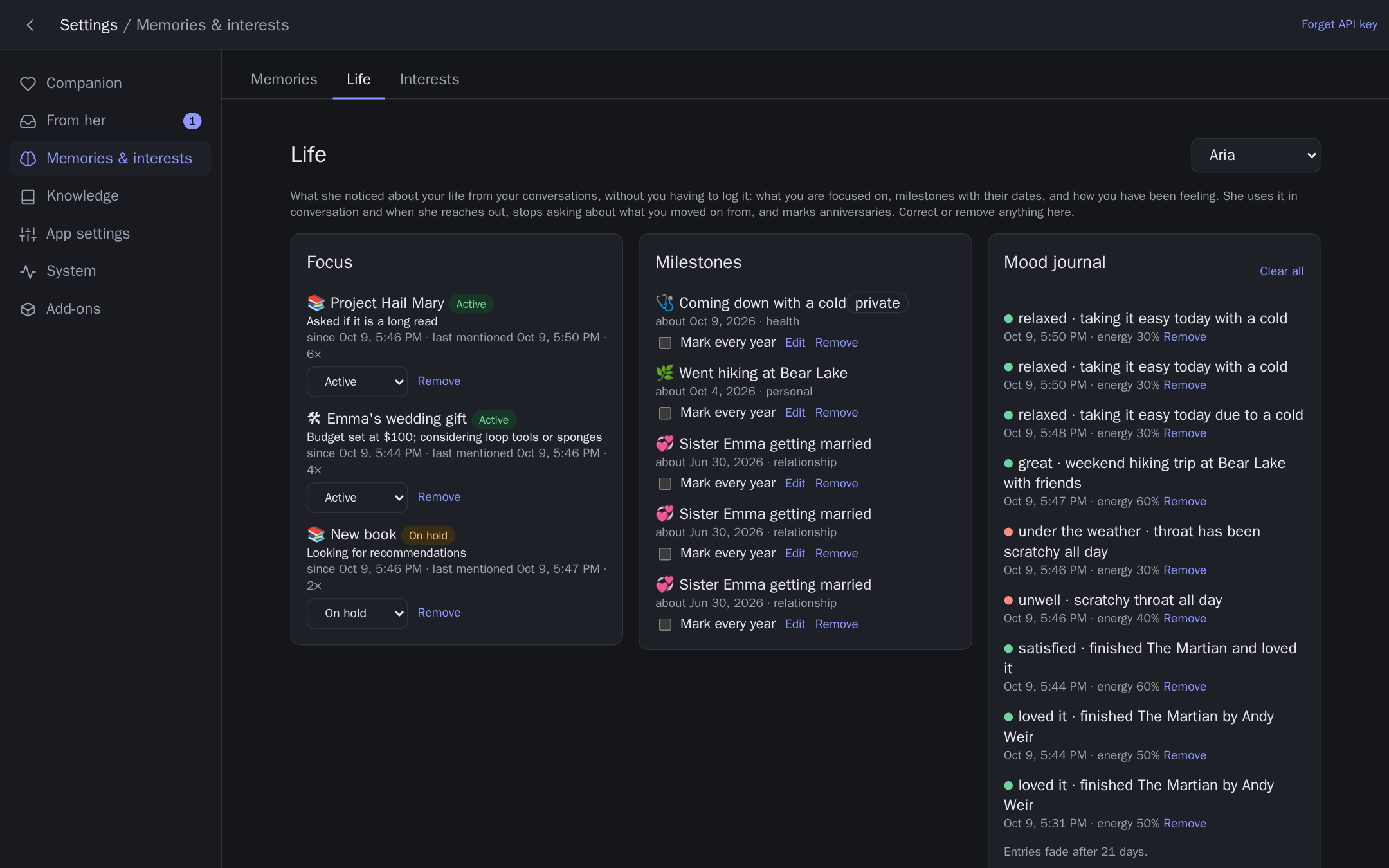 The Life tab: current focus, milestones and the mood journal