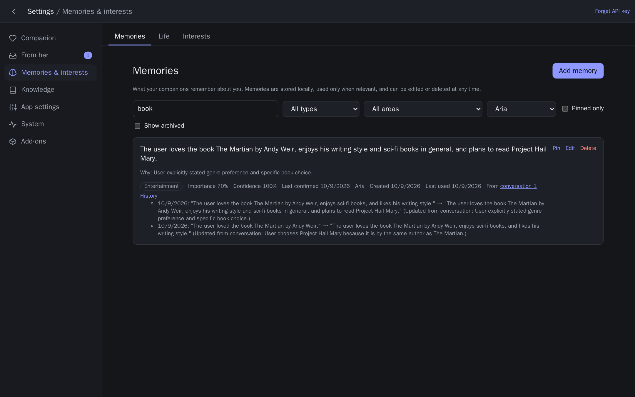 The Memories page: search, filters, and each memory with its reason and sources